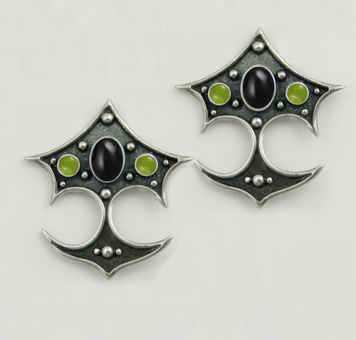 Sterling Silver Gothic Drop Dangle Earrings With Black Onyx And Peridot